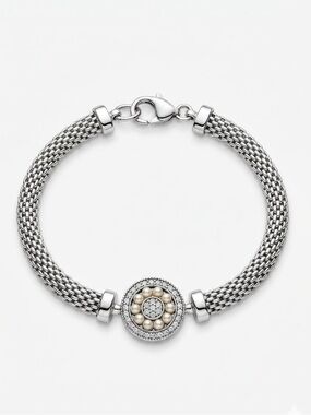 Italian 925 Sterling Silver Bridal Mesh Bracelet Pave Crystal Pearl Medallion